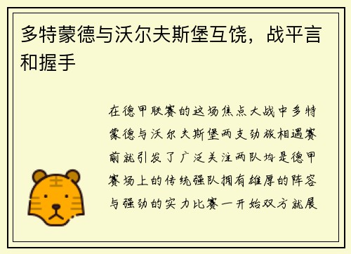 多特蒙德与沃尔夫斯堡互饶，战平言和握手